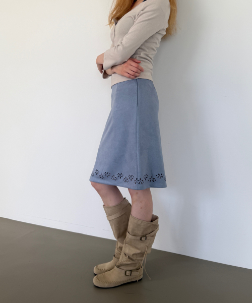 SUEDE PUNCHED MIDI SKIRT (BLUE)