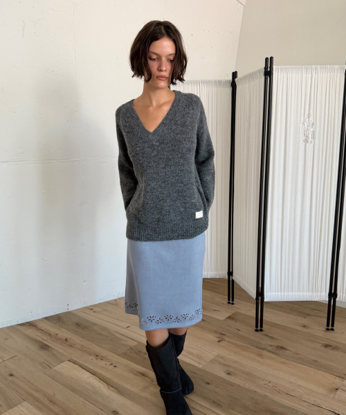 SUEDE PUNCHED MIDI SKIRT (BLUE)