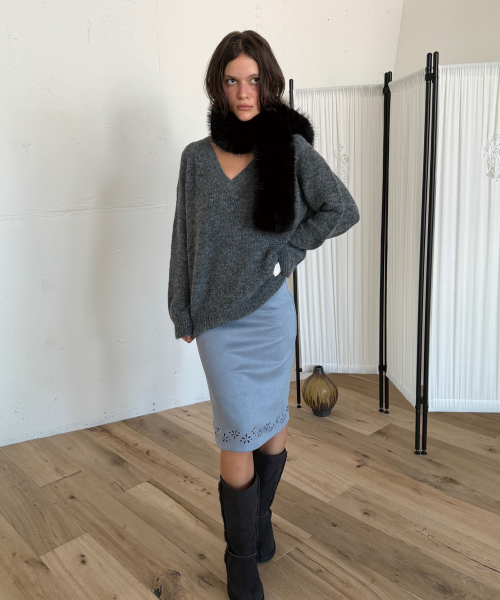 SUEDE PUNCHED MIDI SKIRT (BLUE)