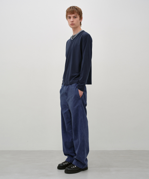 Double Layered Henley Neck Long Sleeve NAVY