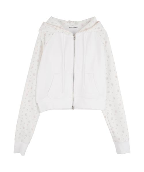 Flower Raglan Hoodie Zip Up_White