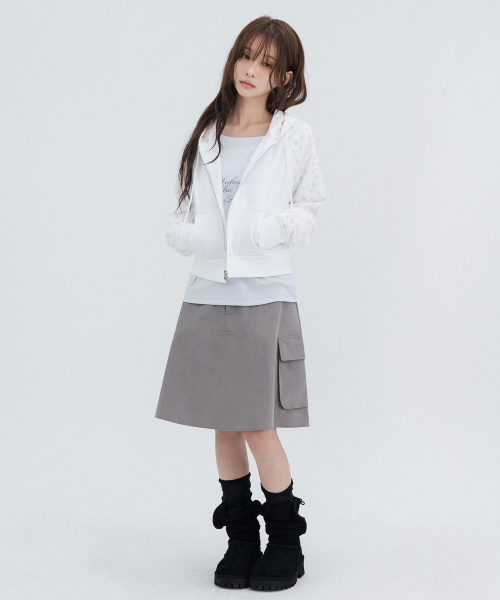 Flower Raglan Hoodie Zip Up_White