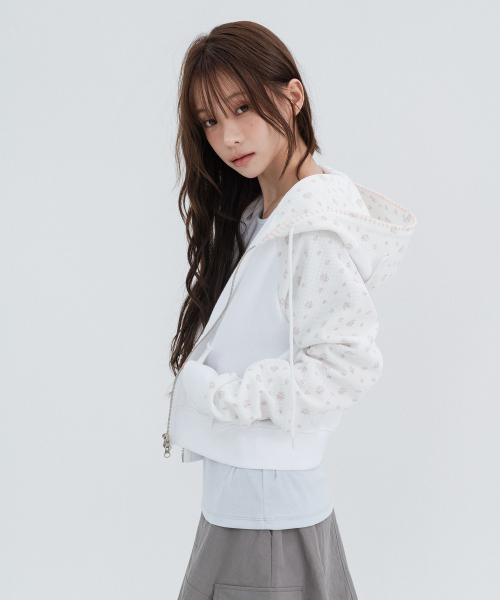 Flower Raglan Hoodie Zip Up_White