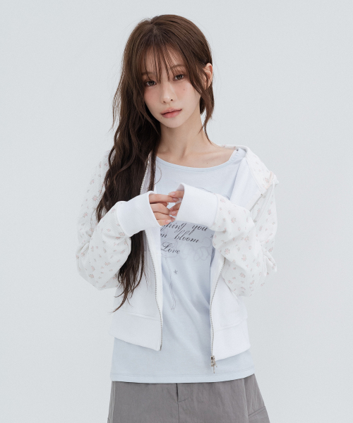 Flower Raglan Hoodie Zip Up_White