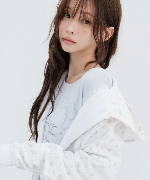 Flower Raglan Hoodie Zip Up_White