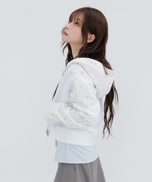 Flower Raglan Hoodie Zip Up_White