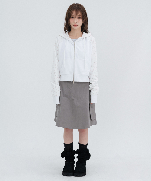 Flower Raglan Hoodie Zip Up_White