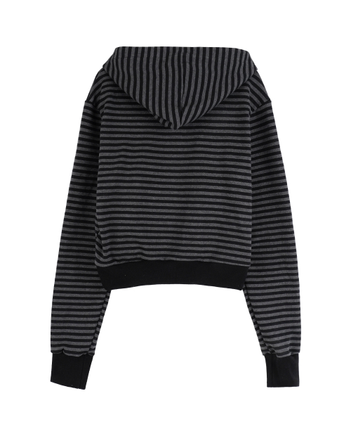 Pom-Pom Striped Hoodie Zip Up_Black