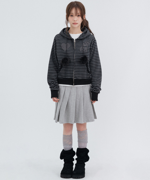 Pom-Pom Striped Hoodie Zip Up_Black