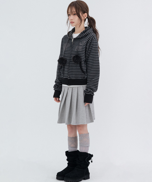 Pom-Pom Striped Hoodie Zip Up_Black
