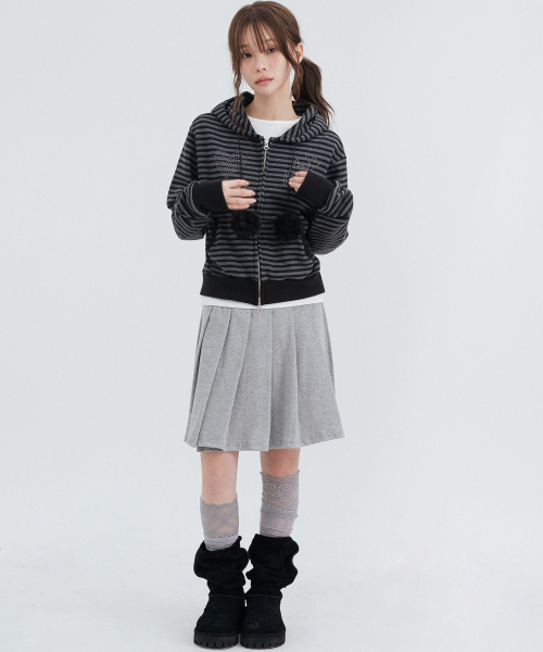 Pom-Pom Striped Hoodie Zip Up_Black