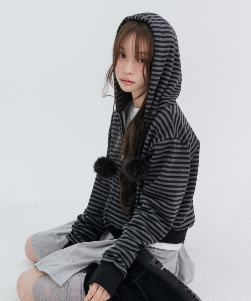 Pom-Pom Striped Hoodie Zip Up_Black