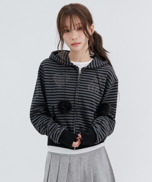 Pom-Pom Striped Hoodie Zip Up_Black