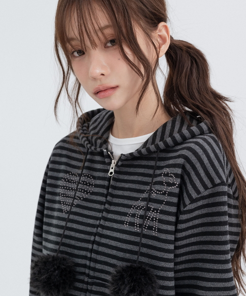 Pom-Pom Striped Hoodie Zip Up_Black