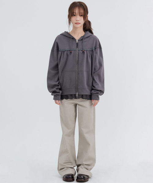 Lace cozy Hoodie Zip Up_Charcoal