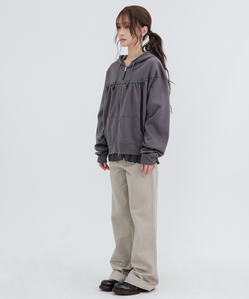 Lace cozy Hoodie Zip Up_Charcoal