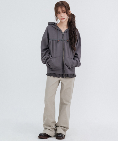 Lace cozy Hoodie Zip Up_Charcoal