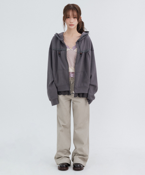 Lace cozy Hoodie Zip Up_Charcoal