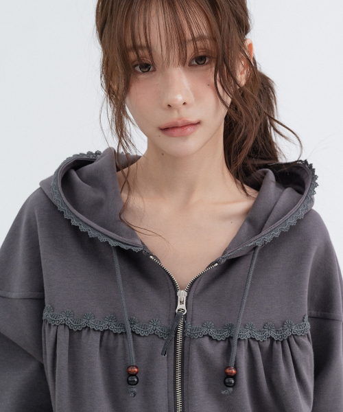Lace cozy Hoodie Zip Up_Charcoal