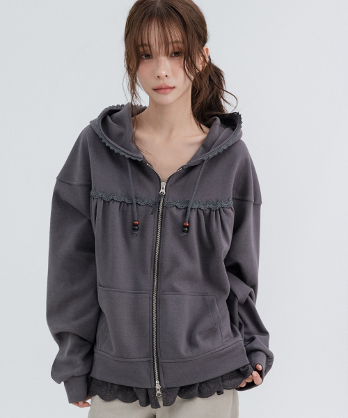 Lace cozy Hoodie Zip Up_Charcoal