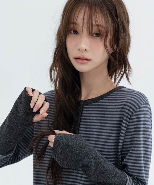 Henley Neck Striped One Piece_Charcoal