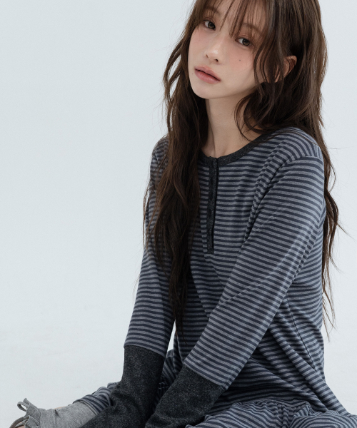 Henley Neck Striped One Piece_Charcoal