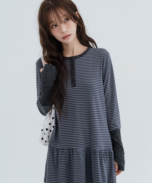 Henley Neck Striped One Piece_Charcoal