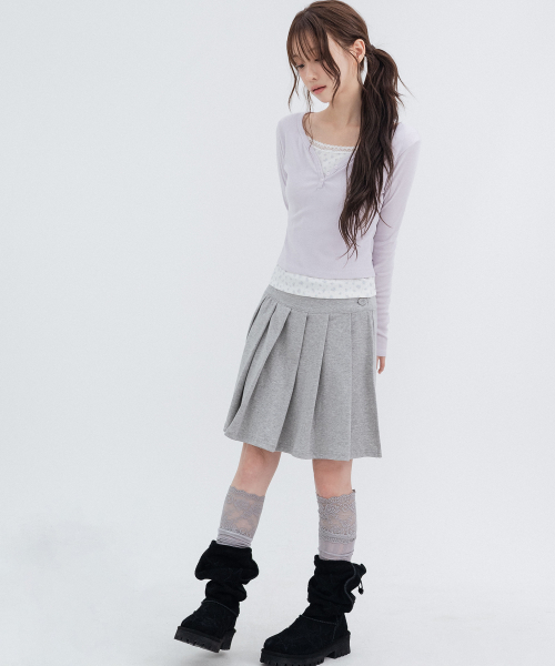 Two-Button Pleated Wrap Skirt_Melange Gray