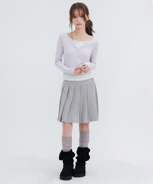 Two-Button Pleated Wrap Skirt_Melange Gray