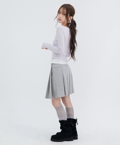 Two-Button Pleated Wrap Skirt_Melange Gray