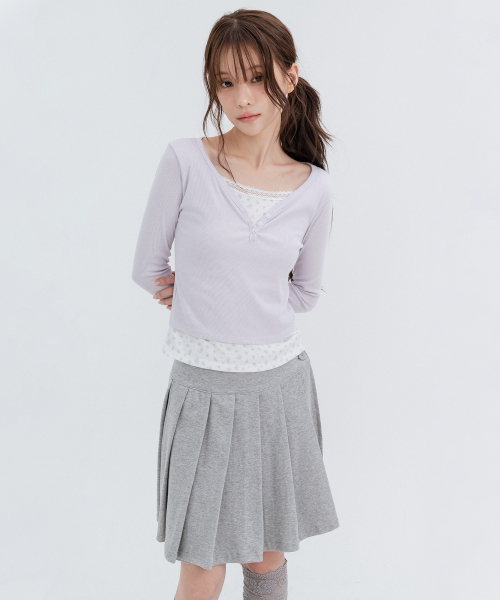 Two-Button Pleated Wrap Skirt_Melange Gray