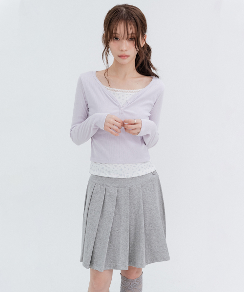 Two-Button Pleated Wrap Skirt_Melange Gray
