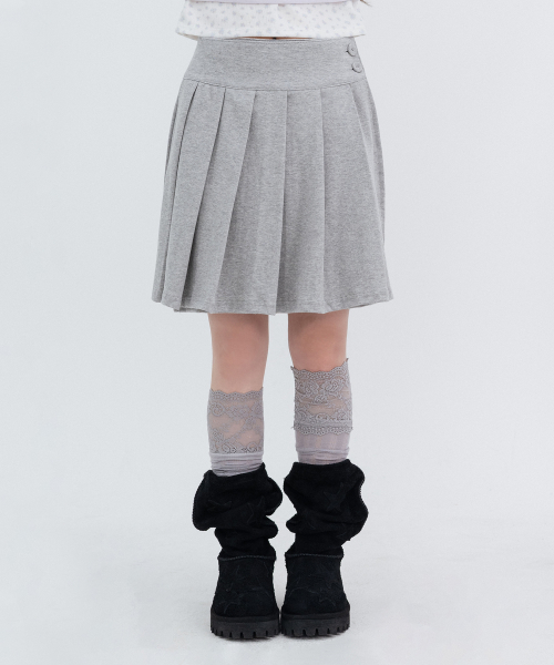 Two-Button Pleated Wrap Skirt_Melange Gray