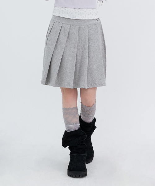 Two-Button Pleated Wrap Skirt_Melange Gray