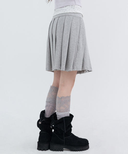 Two-Button Pleated Wrap Skirt_Melange Gray