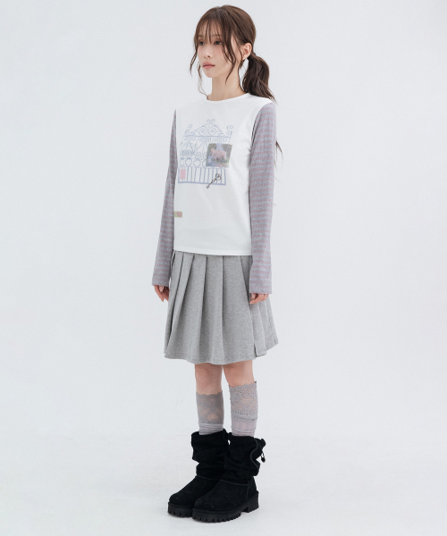 Two-Button Pleated Wrap Skirt_Melange Gray