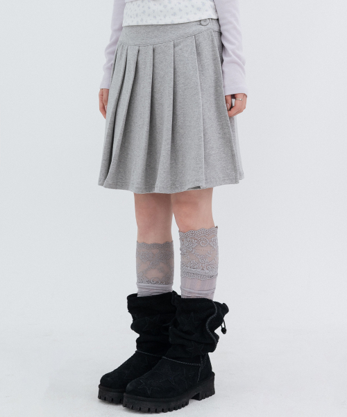 Two-Button Pleated Wrap Skirt_Melange Gray