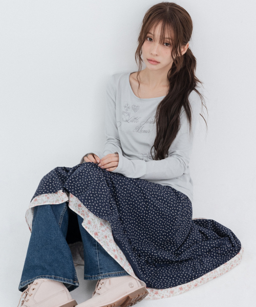 Flower Pocket Midi Skirt_Navy