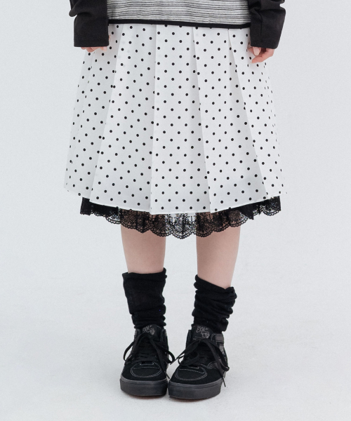 Pleated Polka Dot Midi Skirt_White