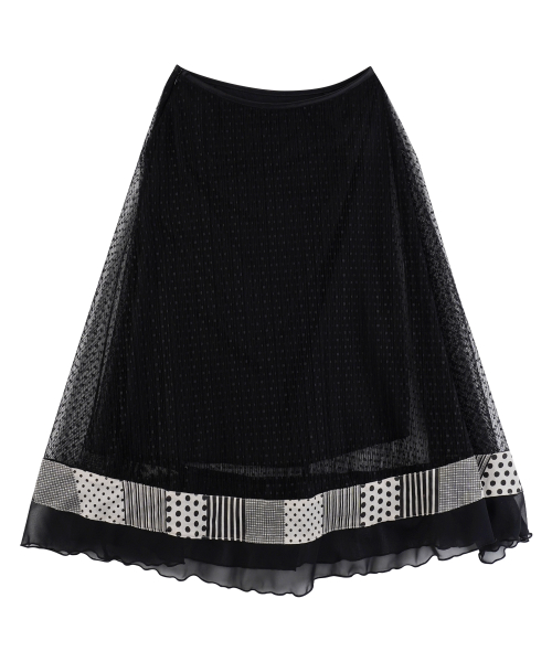 Polka Dot Pleated Lace Long Skirts_Black