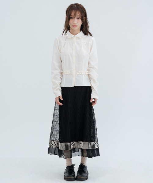 Polka Dot Pleated Lace Long Skirts_Black