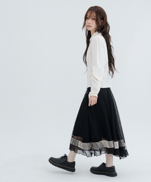 Polka Dot Pleated Lace Long Skirts_Black