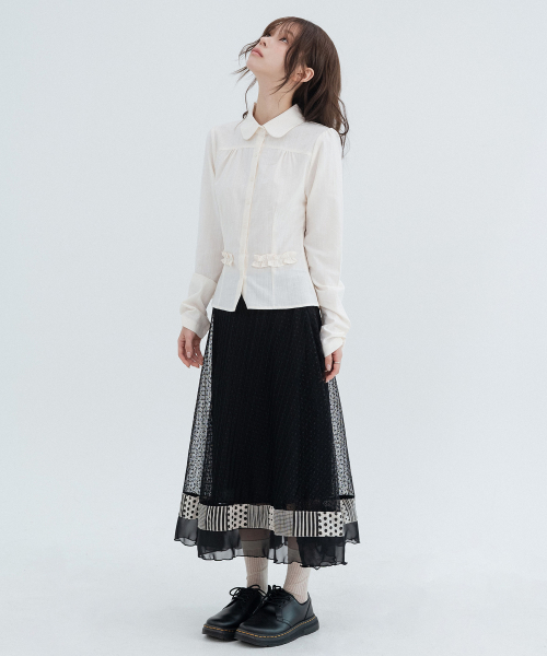 Polka Dot Pleated Lace Long Skirts_Black