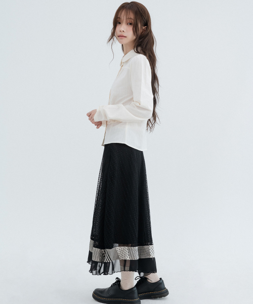 Polka Dot Pleated Lace Long Skirts_Black