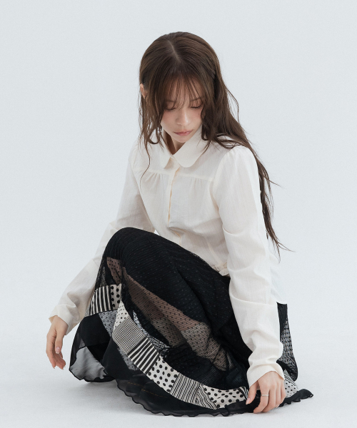 Polka Dot Pleated Lace Long Skirts_Black