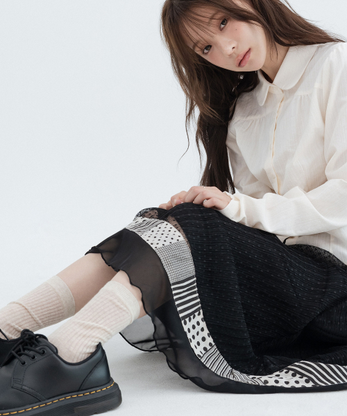 Polka Dot Pleated Lace Long Skirts_Black