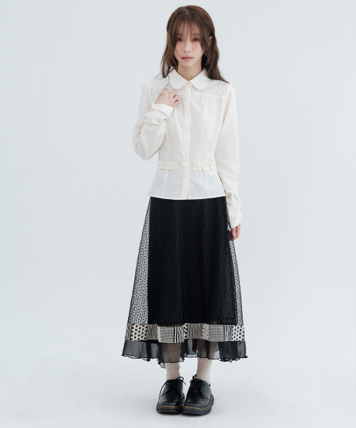 Polka Dot Pleated Lace Long Skirts_Black