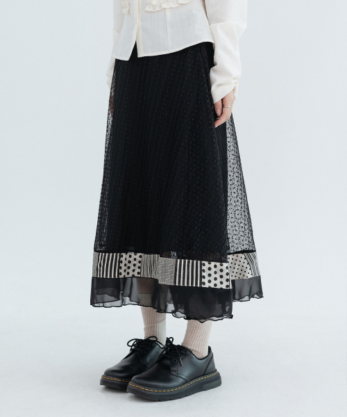 Polka Dot Pleated Lace Long Skirts_Black