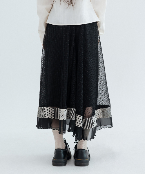 Polka Dot Pleated Lace Long Skirts_Black