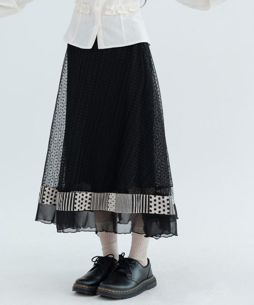 Polka Dot Pleated Lace Long Skirts_Black